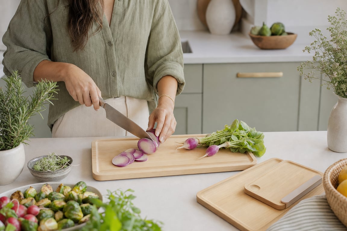 Slicing fresh vegetables on a Caraway wood cutting board