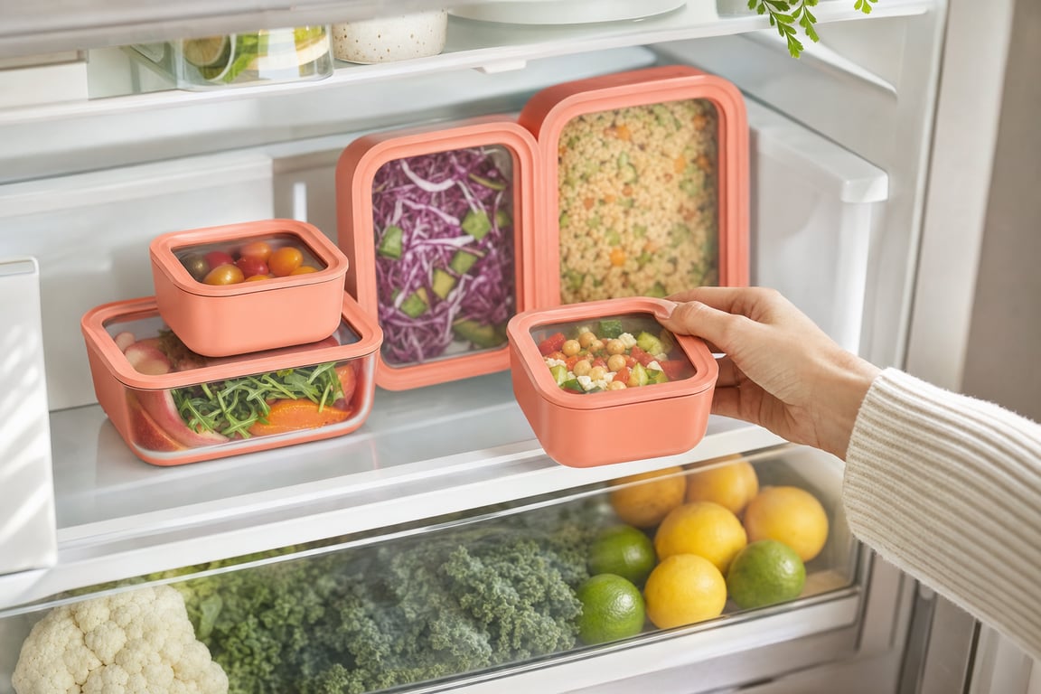 A refrigerator organized with Caraway glass food storage containers