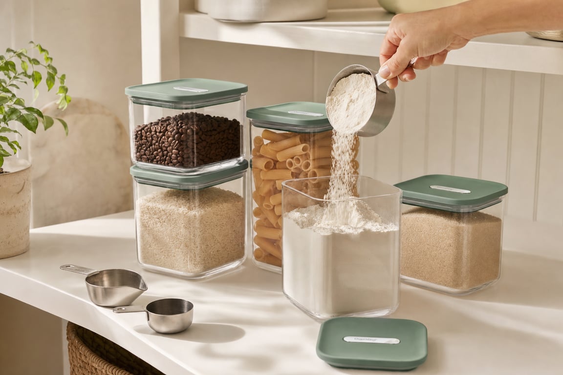 Pouring dry goods into Caraway glass airtight canisters in an organized pantry