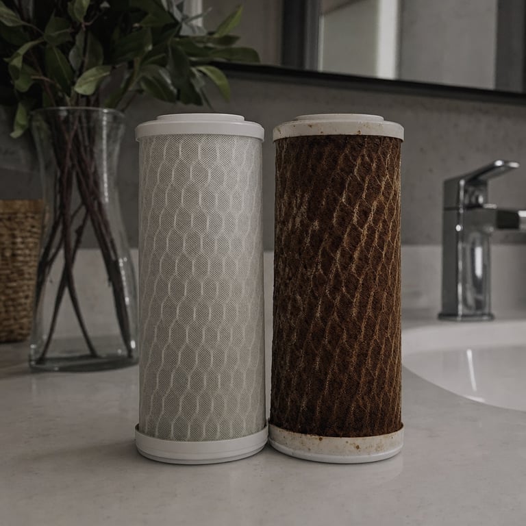 Fresh white filter cartridge vs a used brown one