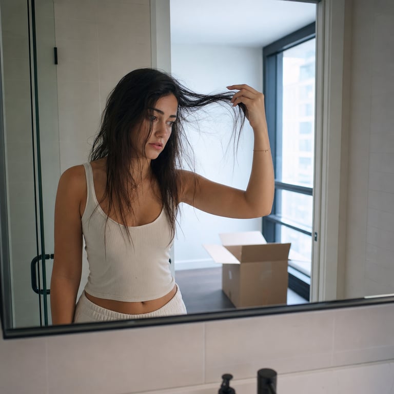 At the mirror of a new apartment, looking at dry hair