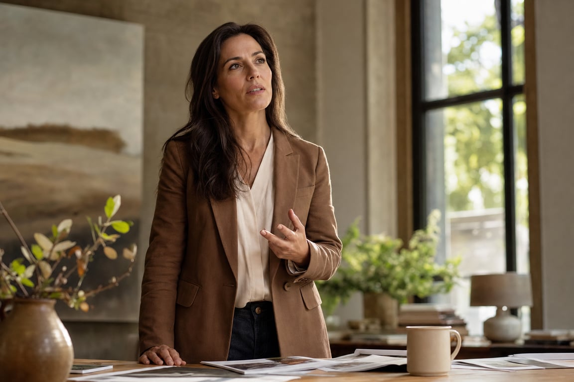 Professional woman at her desk, pausing in thought mid-sentence