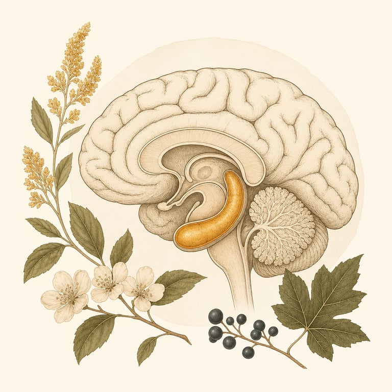 Botanical brain illustration showing hippocampus and cognitive regions