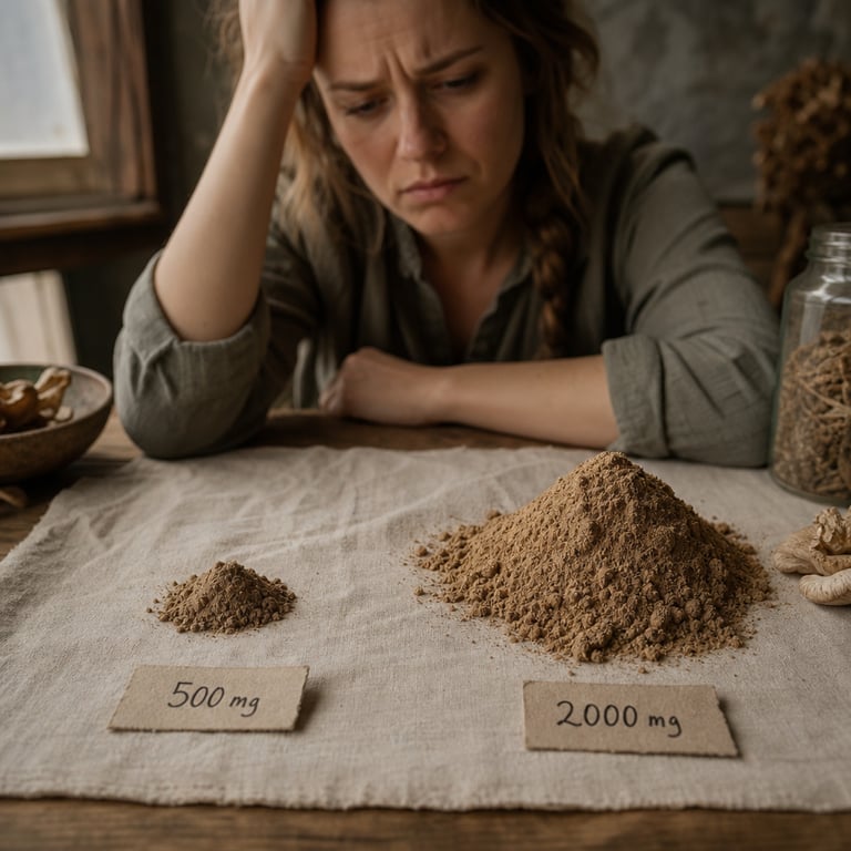 Two piles of mushroom powder showing 500mg vs 2000mg dose difference