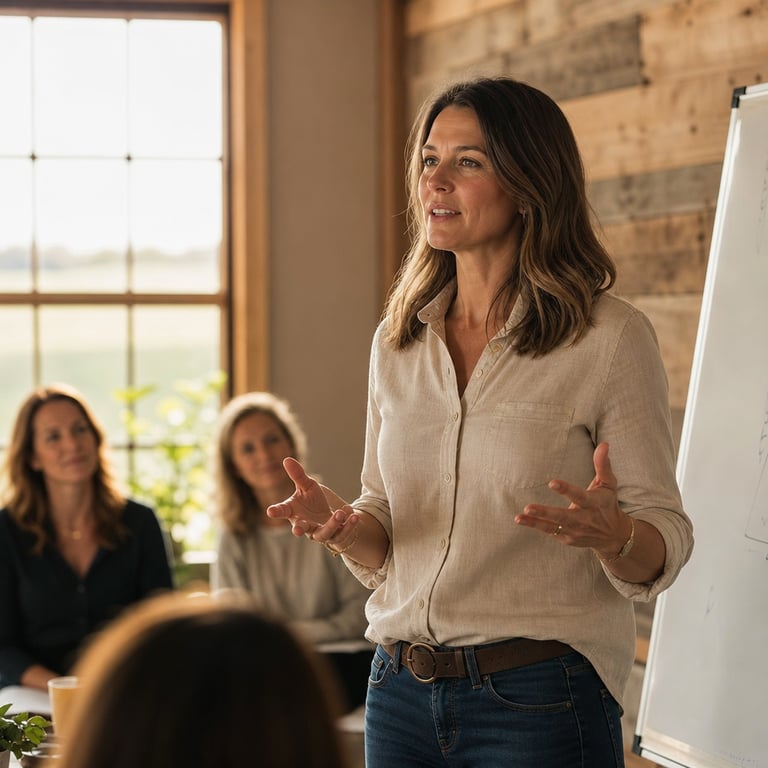Professional woman presenting confidently in a meeting, words flowing clearly