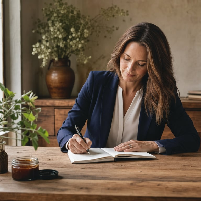 Woman writing in notebook at desk, focused and calm in morning light