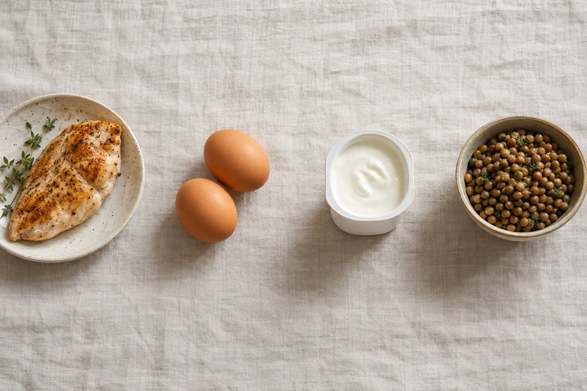 An illustration comparing protein sources by portion and effort