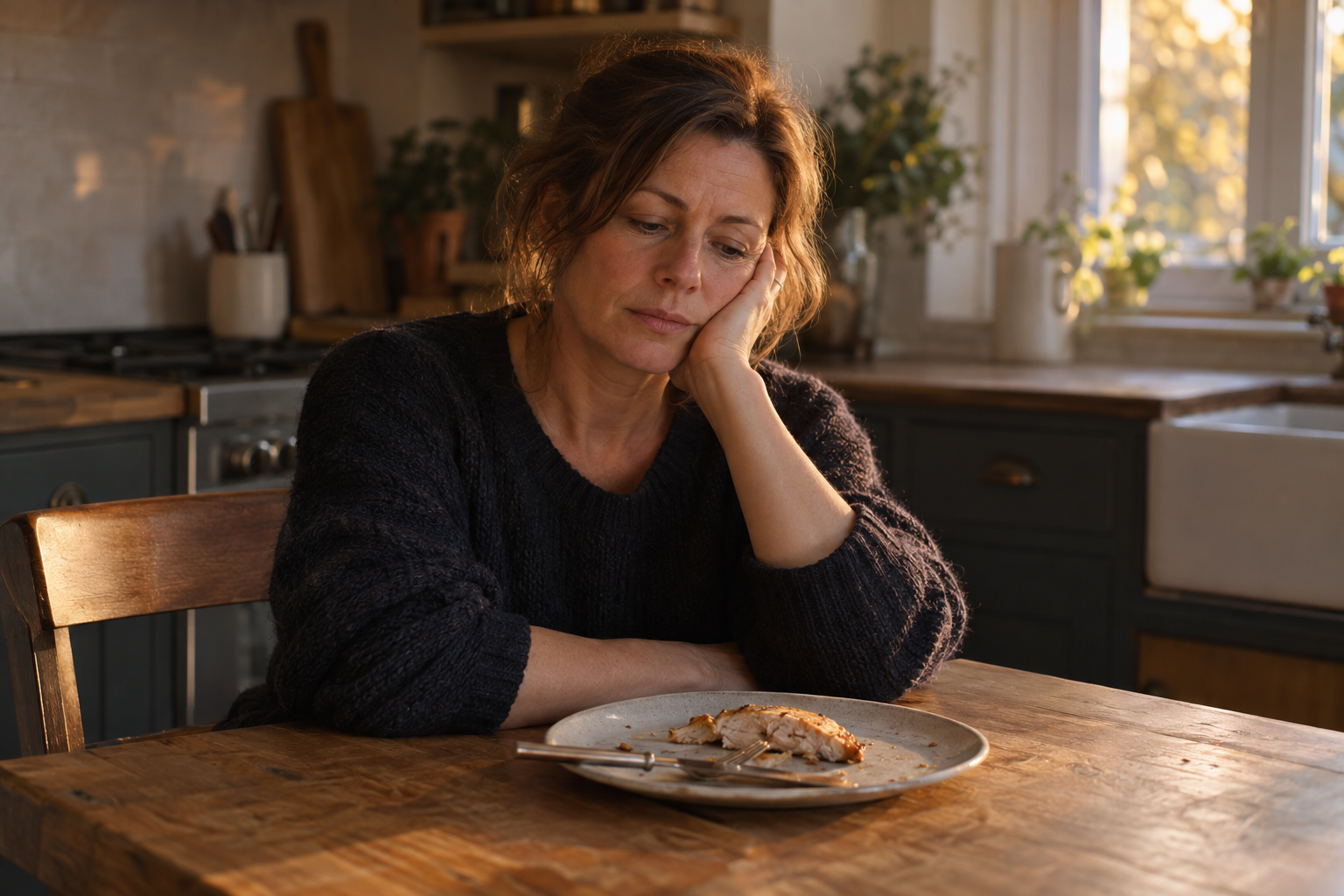 A woman at her kitchen table in the late afternoon, a half-eaten plate in front of her