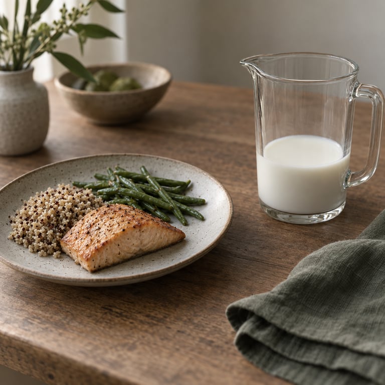 An illustration of a daily protein target moving upward against a plate of food