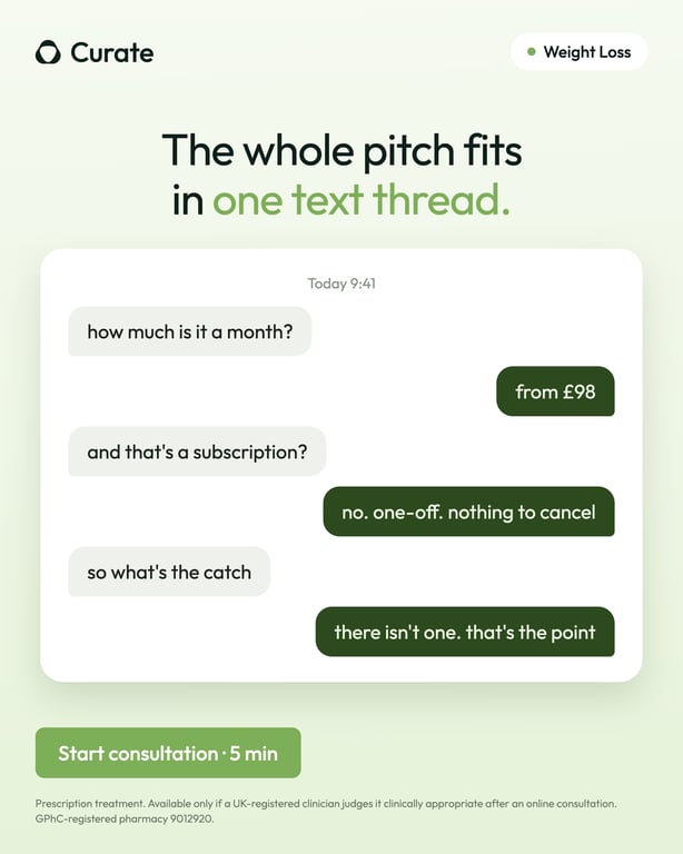 Text-thread ad: the whole pitch fits in one text thread