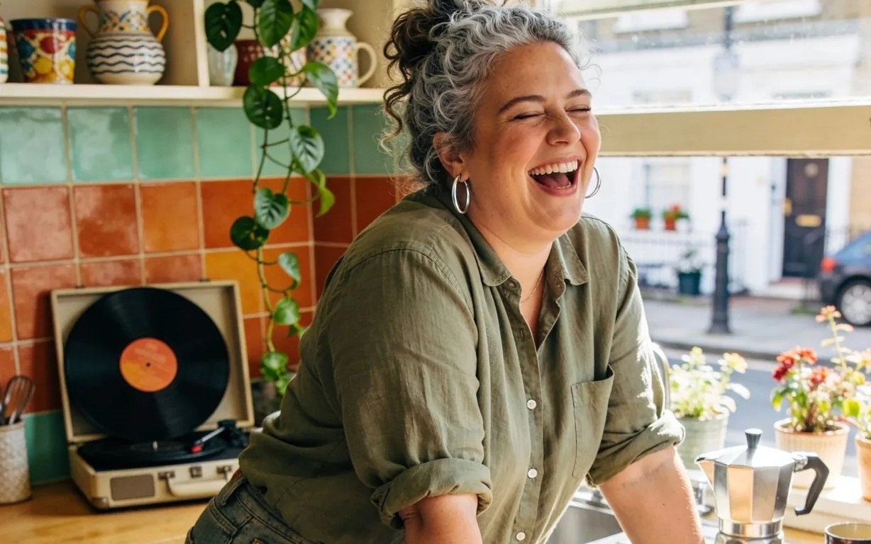A woman laughing in her kitchen by the window