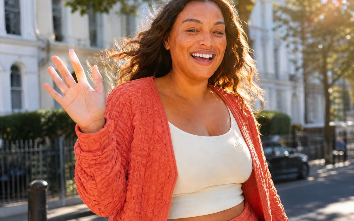 A woman waving on a sunny London street