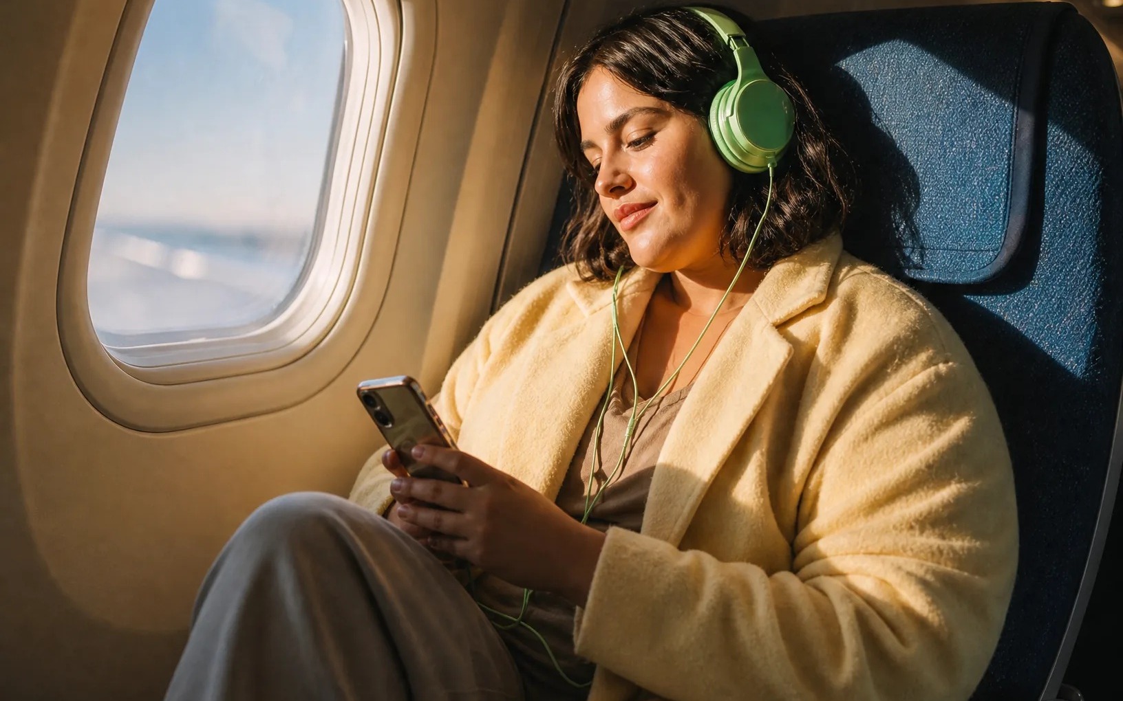 A woman listening to music by a window seat, mid-journey