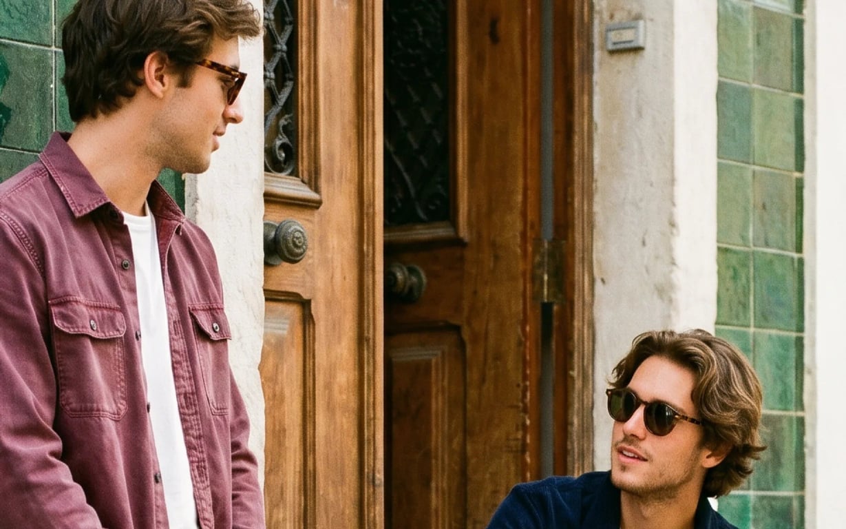 Two men talking on the steps outside