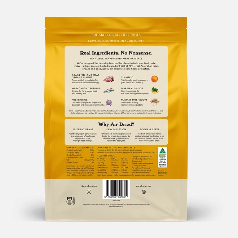 The back of a Eureka Grass Fed Lamb and Wild Caught Sardine bag: the full ingredient list, guaranteed analysis and feeding guide