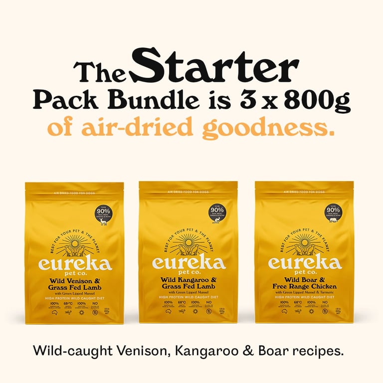 What's inside the Eureka 90 Starter Pack: three 800g bags, one of each recipe, laid out with the air-dried food