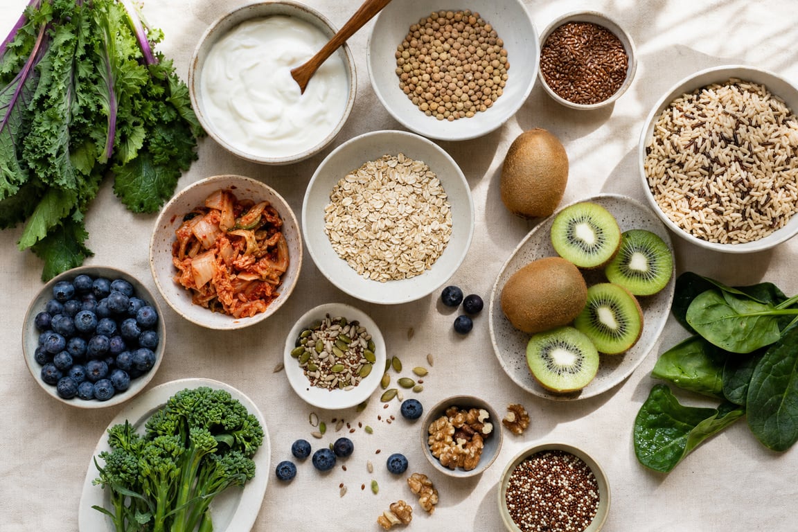 A spread of diverse gut-friendly whole foods