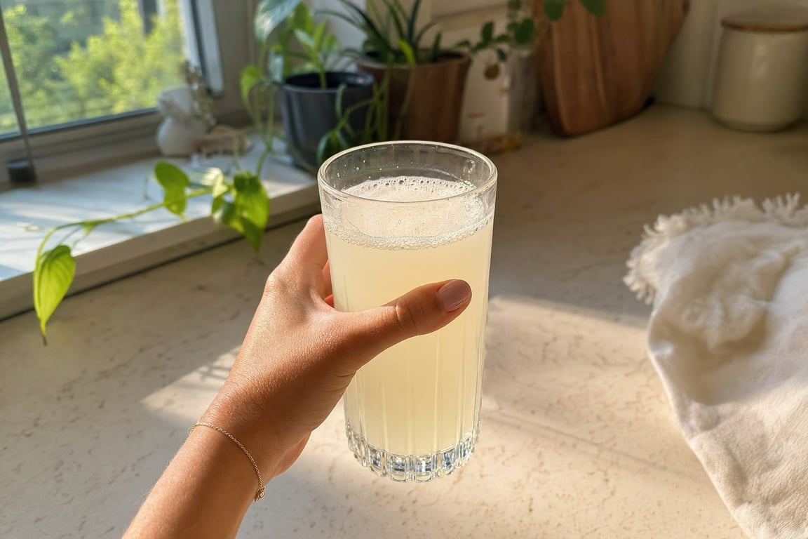 A glass of the daily drink by a sunlit kitchen window