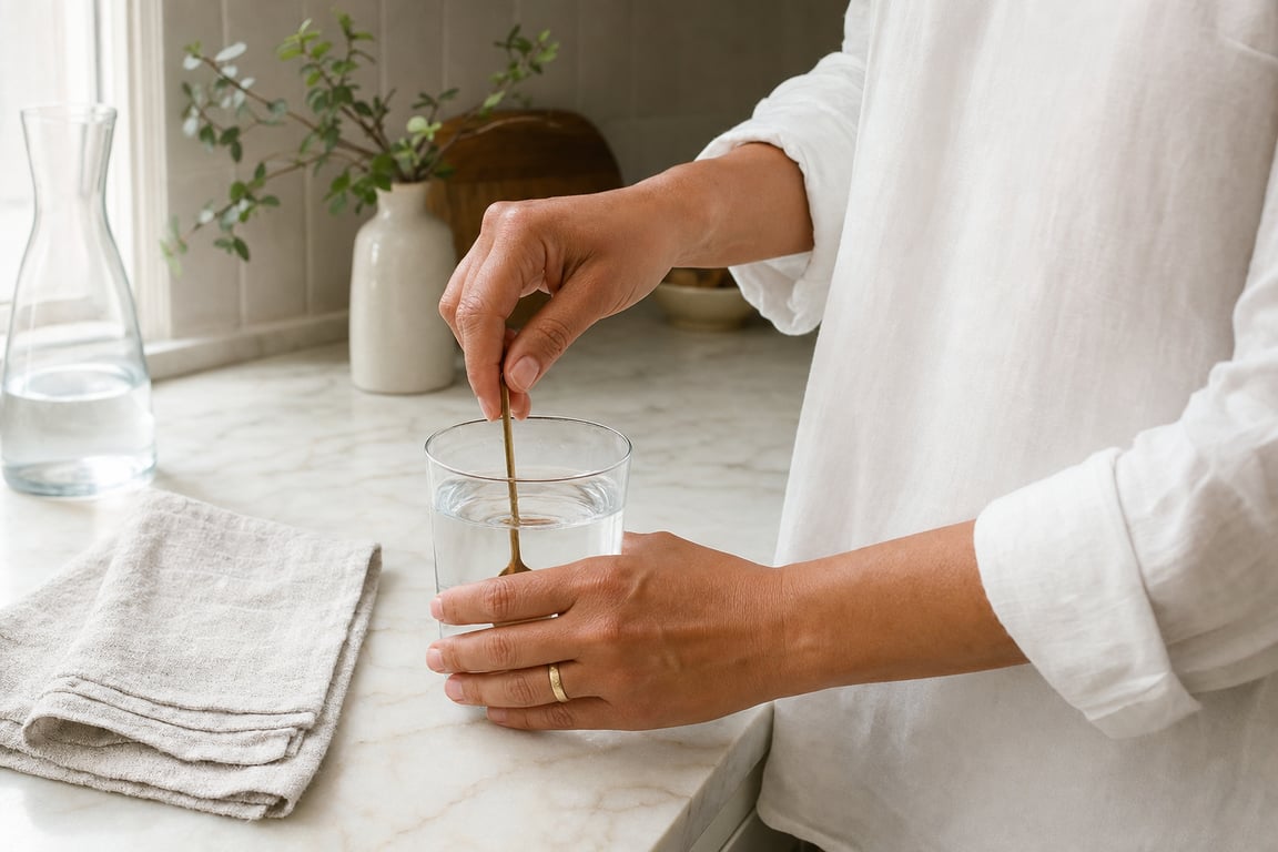 Stirring the daily glass into water at the kitchen counter