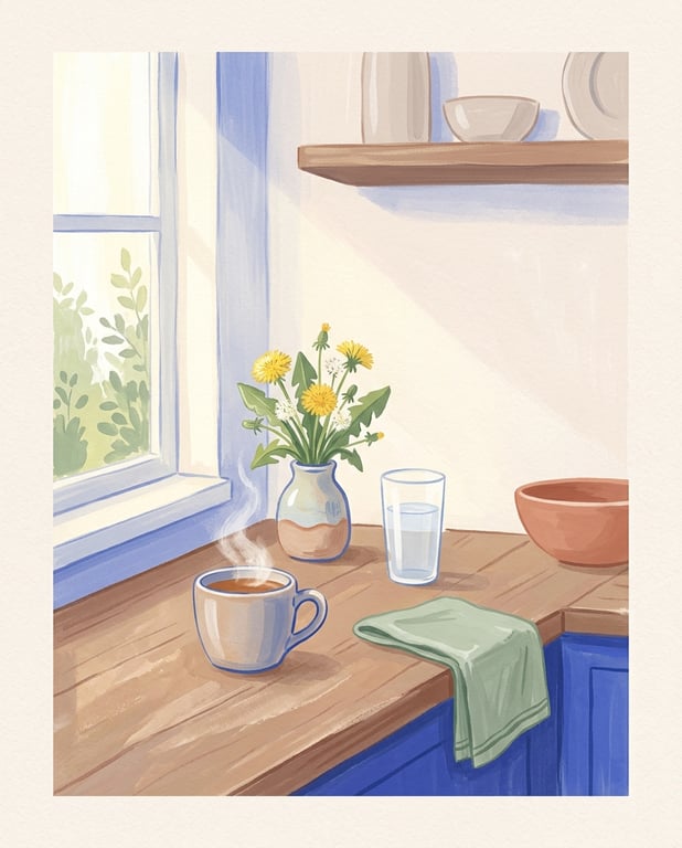 A calm sunlit kitchen on a quiet morning