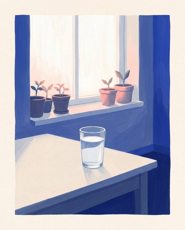 A single glass of water on a calm kitchen table at first light