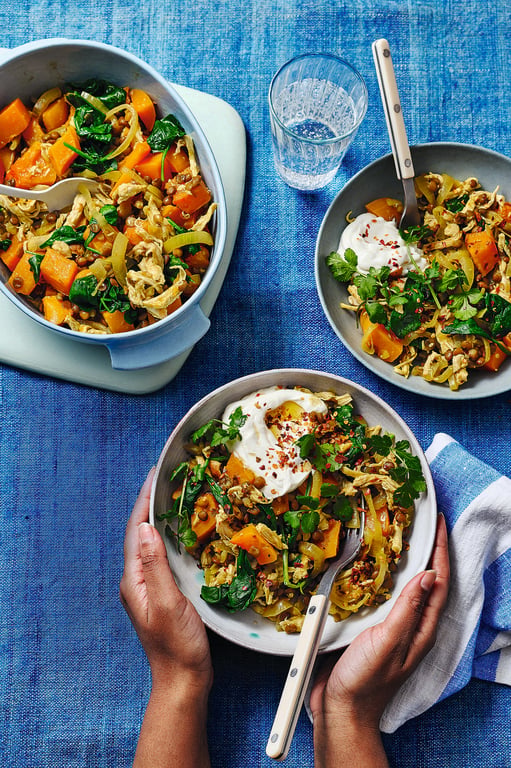 Roasted butternut squash bowls with late-summer vegetables