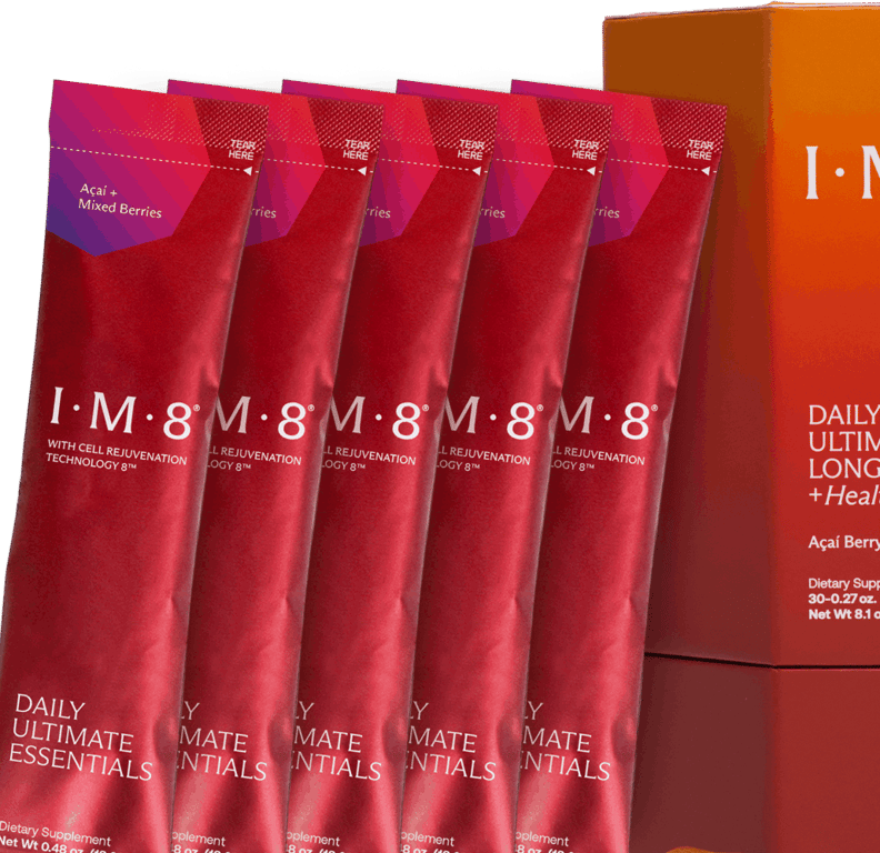 IM8 single-serve sachets beside the Daily Ultimate Longevity carton