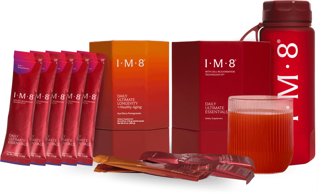 The IM8 lineup: Daily Ultimate Essentials, Daily Ultimate Longevity, sachets and the signature bottle
