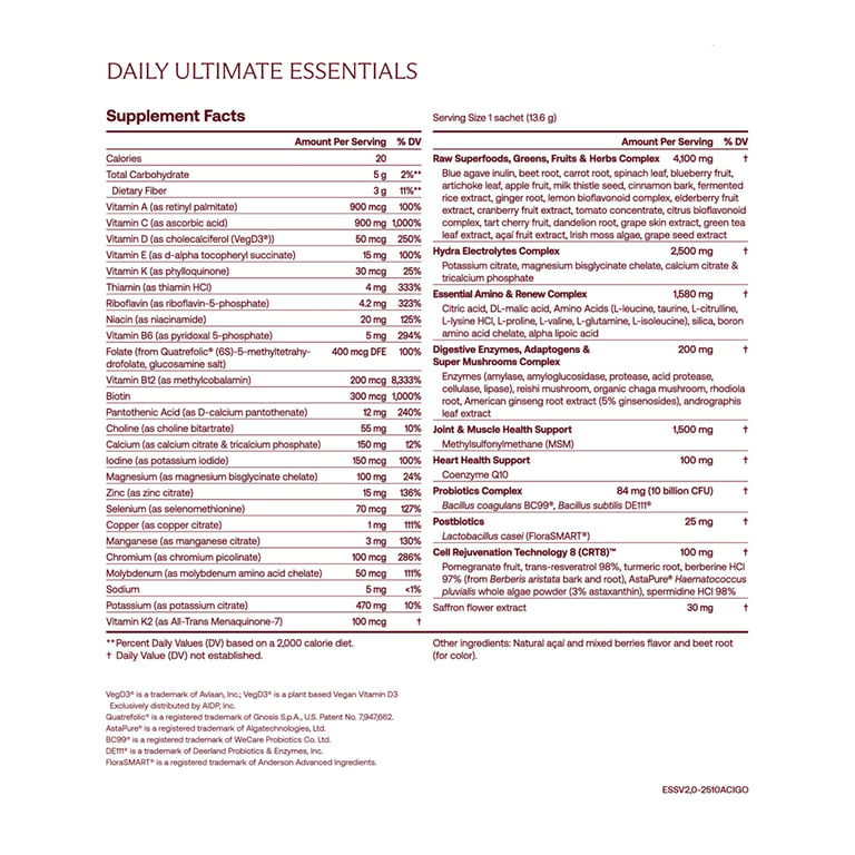 The printed Supplement Facts panel for IM8 Daily Ultimate Essentials
