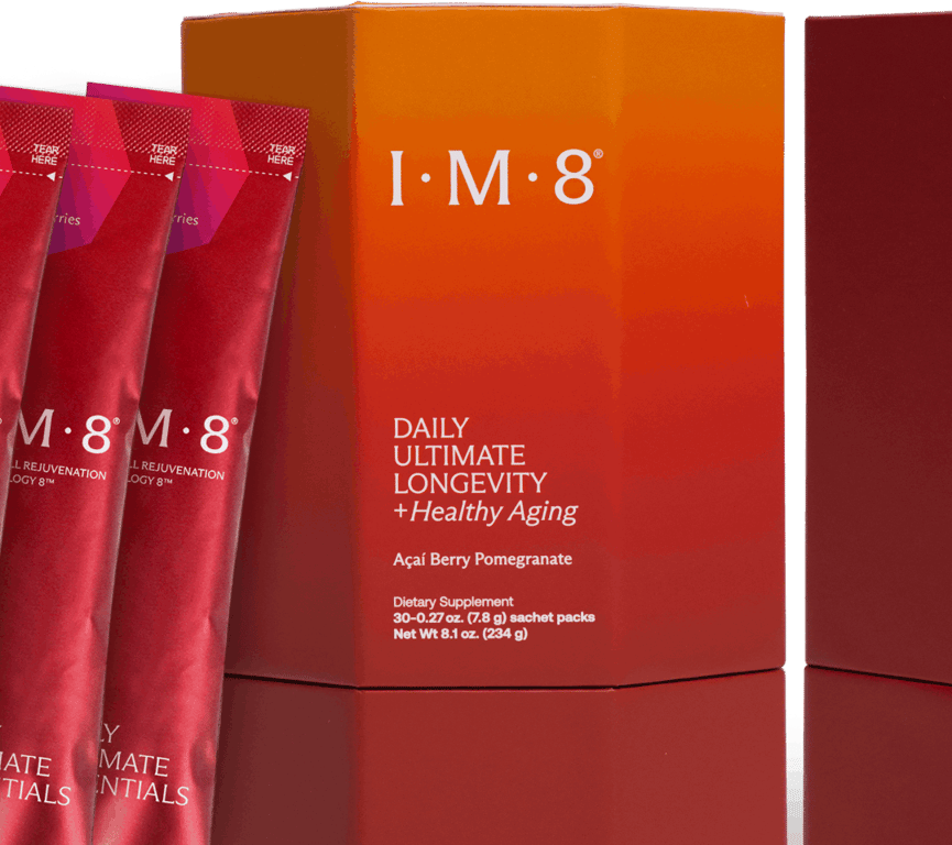 The IM8 Daily Ultimate Longevity carton with two single-serve sachets