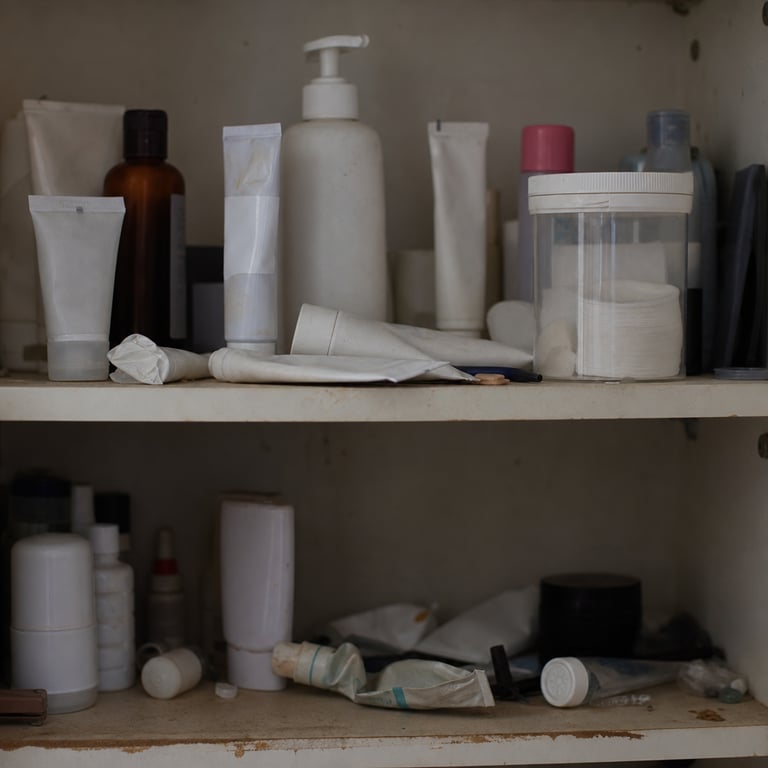 A bathroom shelf crowded with used topical acne products, no labels readable