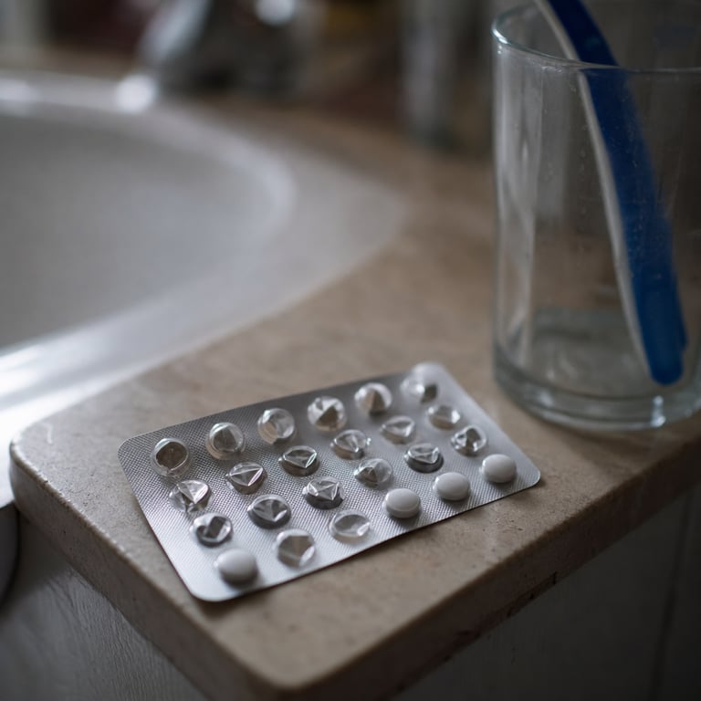 A nearly finished blister pack of small tablets on a bathroom counter