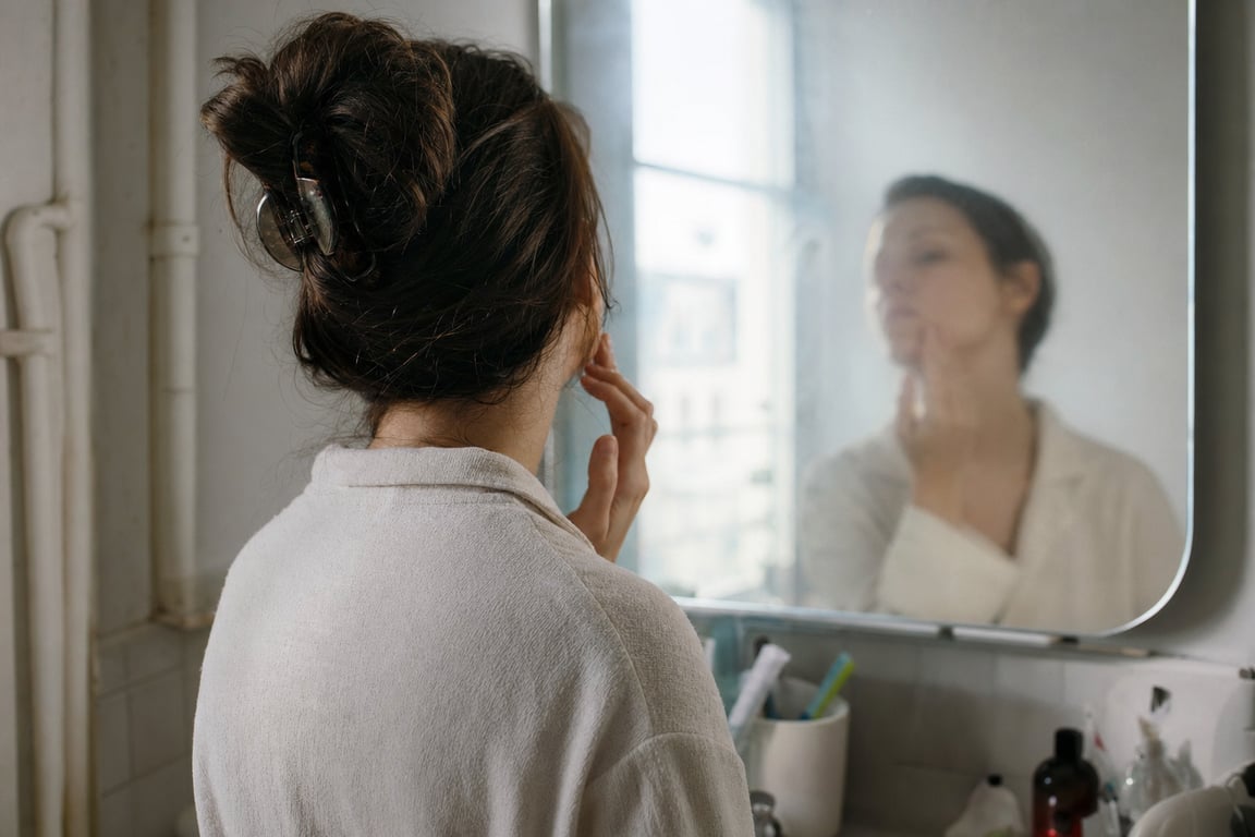 A woman at a bathroom mirror in morning light, one hand raised toward her jawline