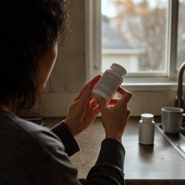 Hands turning a supplement bottle to read the fine print on its back label