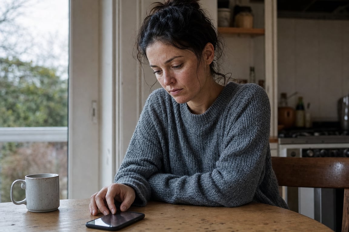 A woman sitting at her kitchen table in morning light, her phone face up in front of her