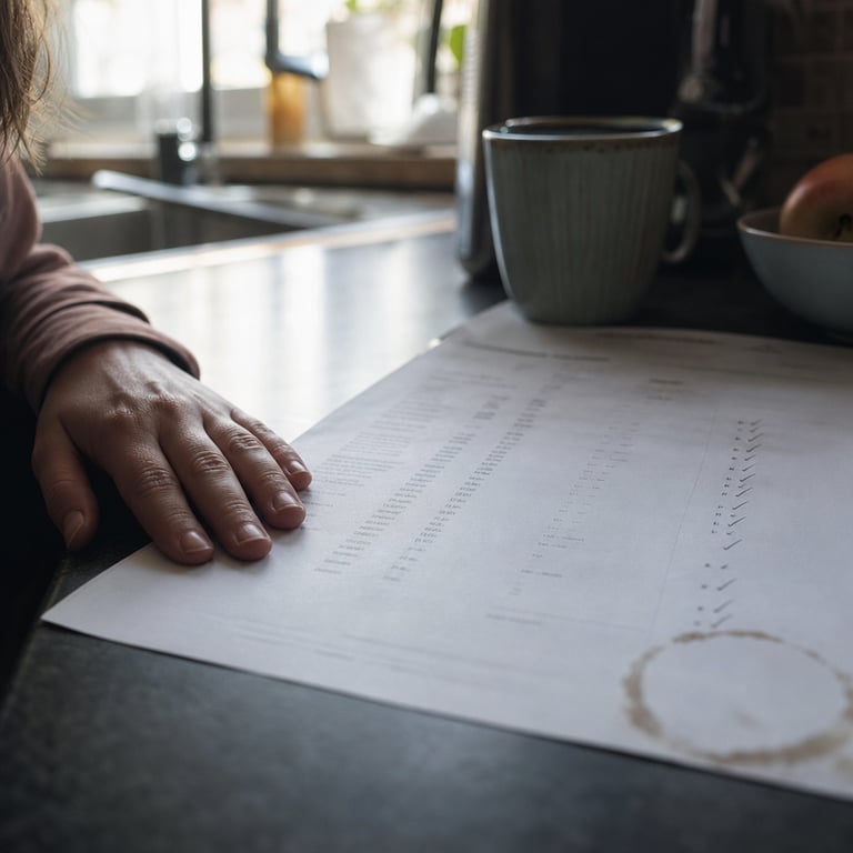 A printed lab results sheet on a kitchen counter, a hand resting flat on the edge of it