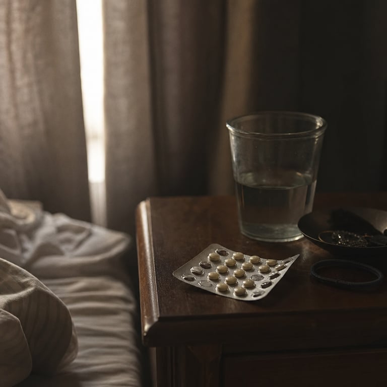 A half-used blister pack of pills on a bedside table beside a glass of water