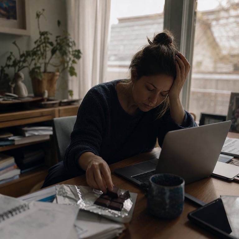 A woman at her desk mid-afternoon, head resting in one hand, reaching for a square of chocolate