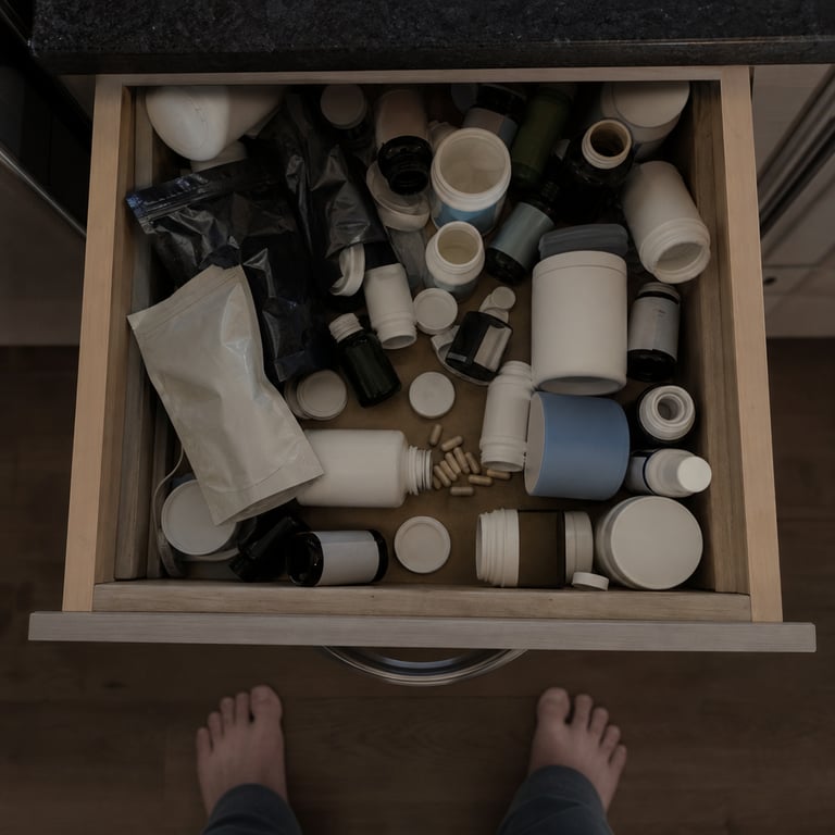 A kitchen drawer pulled open, full of half-finished supplement bottles