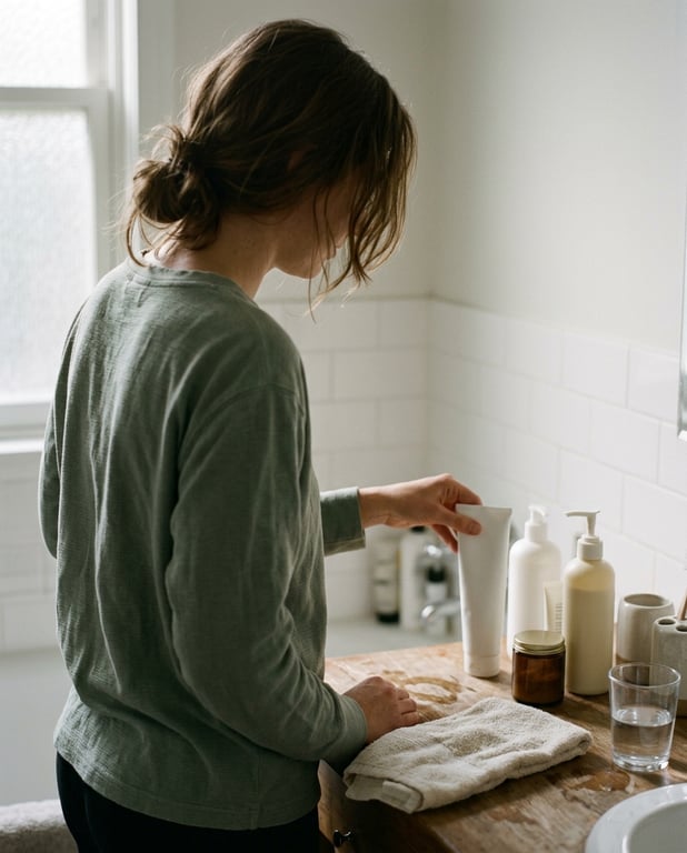 A bathroom counter crowded with half-used cleansers, tubes and jars, a woman setting another one down