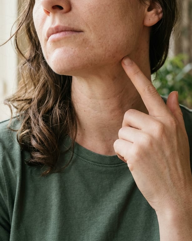 A close view of a woman's jaw and neck as she presses a fingertip against a spot that is sore to touch