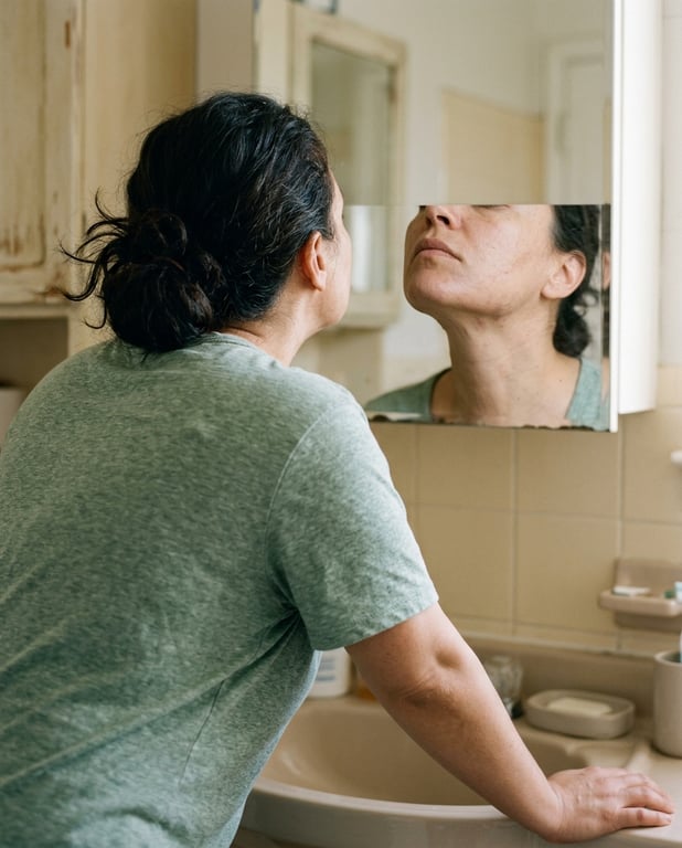 A woman leaning close to a bathroom mirror with her chin lifted, inspecting the same spot along her jawline