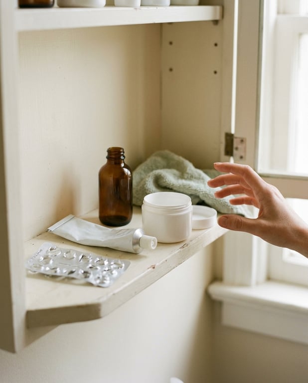 An open bathroom cabinet shelf with a flattened tube, an empty amber bottle and an empty blister tray