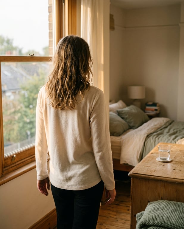 A woman standing at a sunlit bedroom window on an unhurried morning, seen from behind