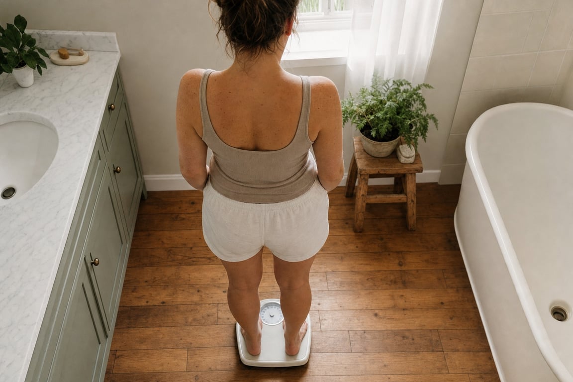 A woman standing barefoot on an analog bathroom scale, seen from above and behind, looking down at the dial