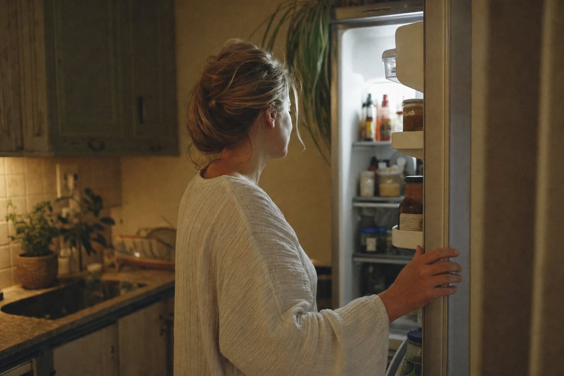 A woman standing at an open refrigerator in the evening, looking inside for something to eat