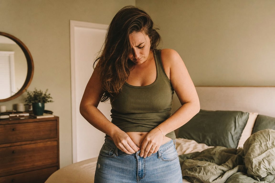 A woman fastening the button of her jeans, which feel tight around a bloated waist by evening