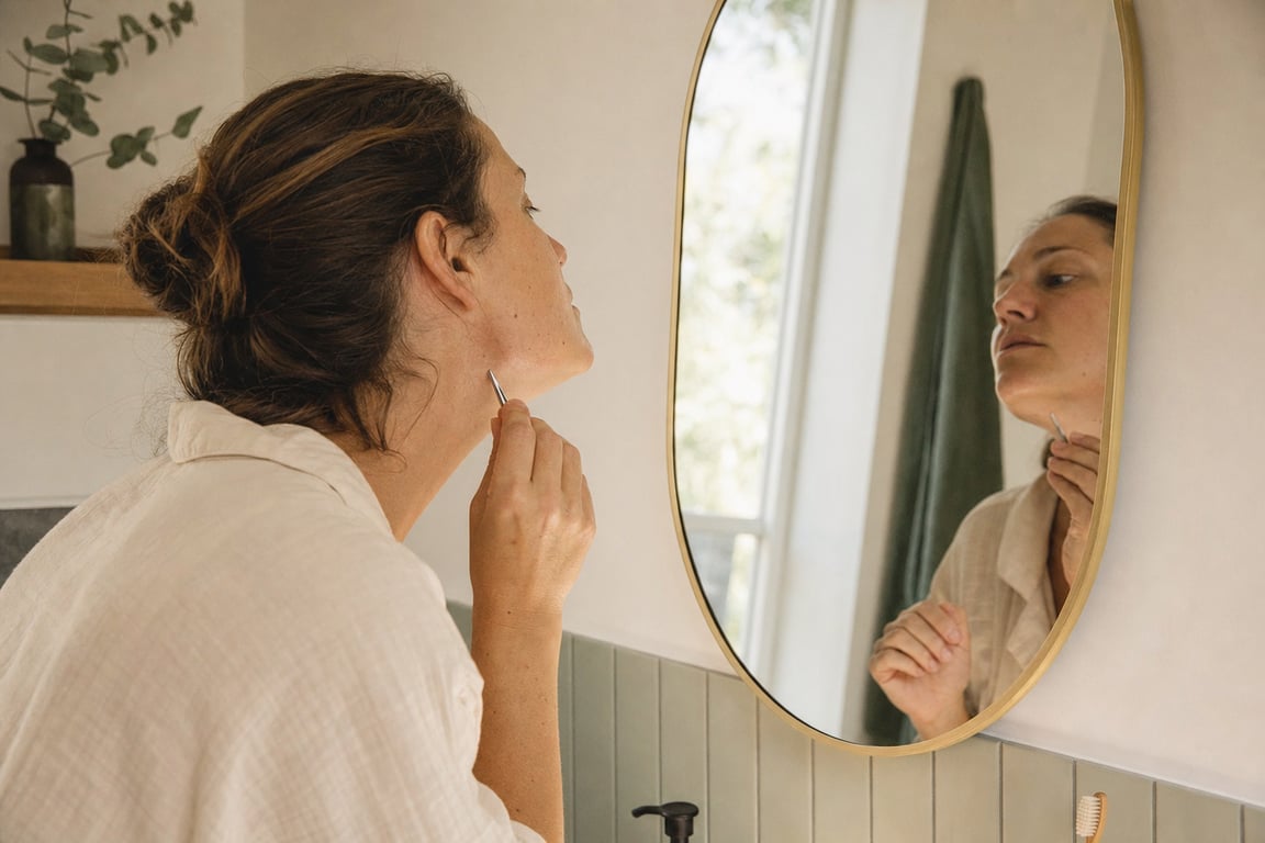 A woman at a mirror using tweezers along her jawline