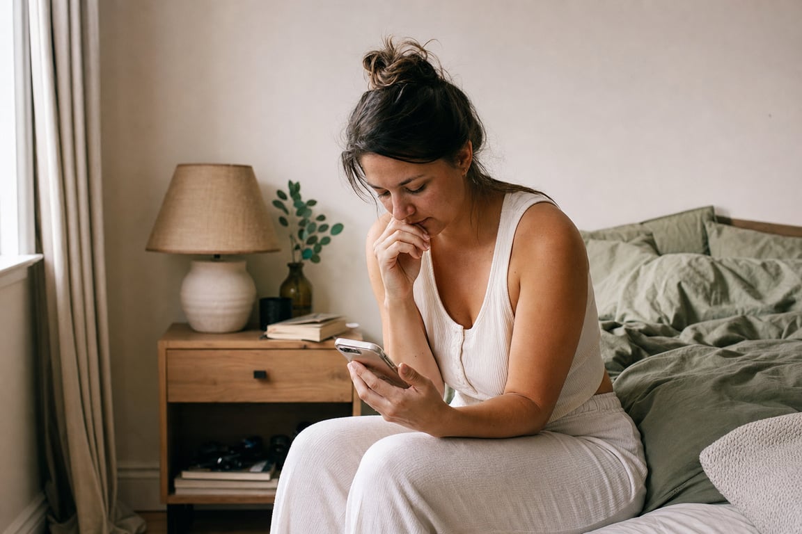 A woman sitting on the edge of a bed looking down at her phone