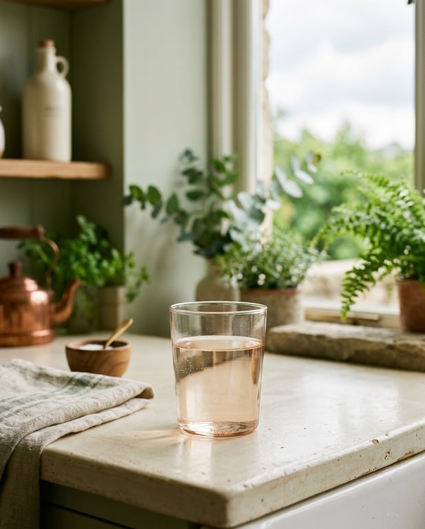 A single glass of pale drink on a sunlit morning kitchen counter